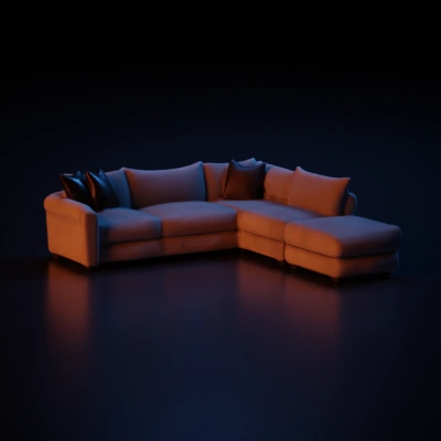 Corner sofa with cushions, soft material.