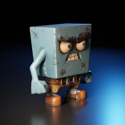 blocky character with angry expression.