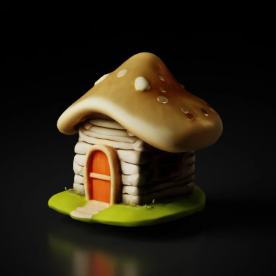 Mushroom-shaped small hut with door and window.
