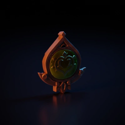 metallic, glass, Heart-shaped mystical emblem with ornate design.