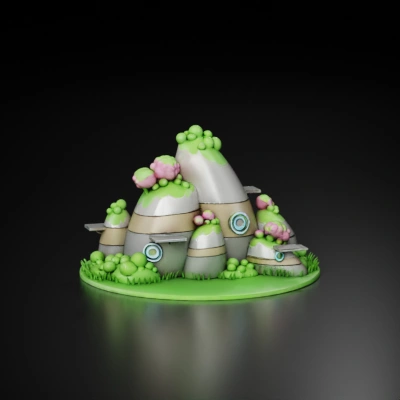 Stylized rocky hill with bushes and grass.