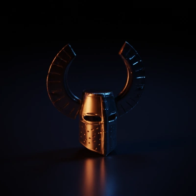 Medieval knight helm with large crescent-shaped horns.
