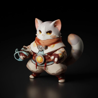 Smilling Detailed Cat warrior, armed, armored, wearing a scarf and a magic belt; stylized, 8k; anime style; videogame asset; videogame character.