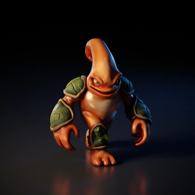 Orange cartoonish monster with armor plates.