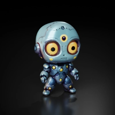Cute cartoon robot with buttons and large eyes.