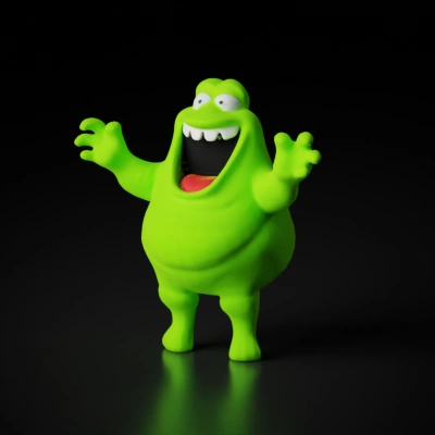 Cartoon green blob character with big mouth and arms.