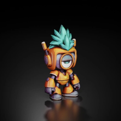 Orange robot with green hair.