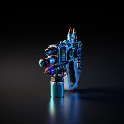 Futuristic sci-fi ray gun with various gauges and lights.