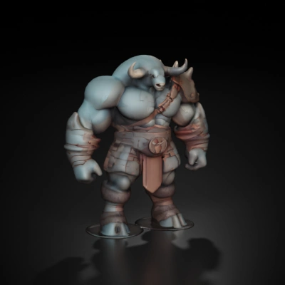 Minotaur warrior with armor, muscular build.