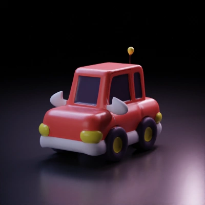 Toy-like car with antenna and exaggerated features. Red colour and black wheels