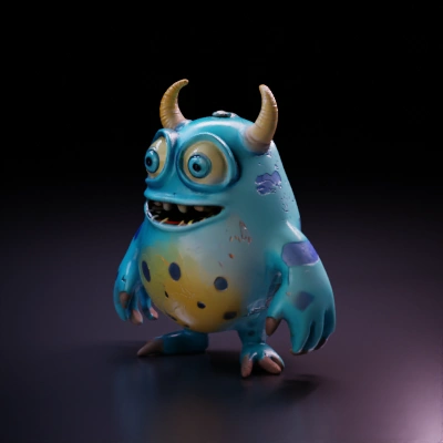 Cartoonish monster, round body, horned head, goofy expression.