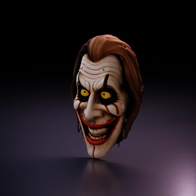 Creepy clown face with exaggerated features.