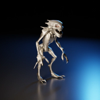 Humanoid monster with large claws, horrifying face, skeletal frame.