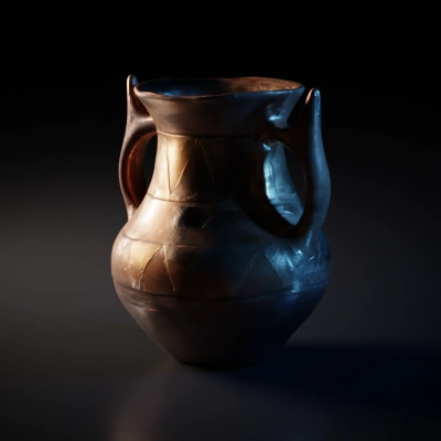 Ancient pot with twin handles, geometric patterns.