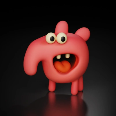 Pink cartoon monster with big eyes and tongue out.