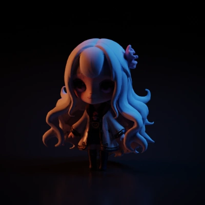 Chibi-style character with long wavy white hair.