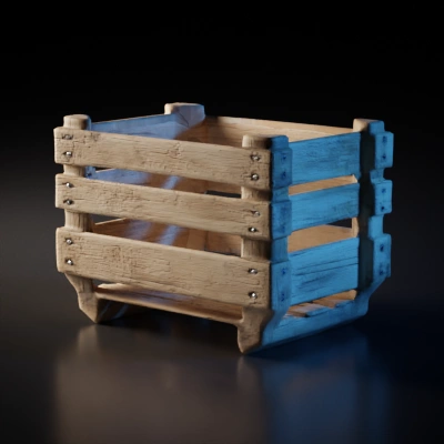Wooden crate with metal bolts, boxy structure.