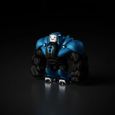 Muscular robot-like character with friendly face, comic style.