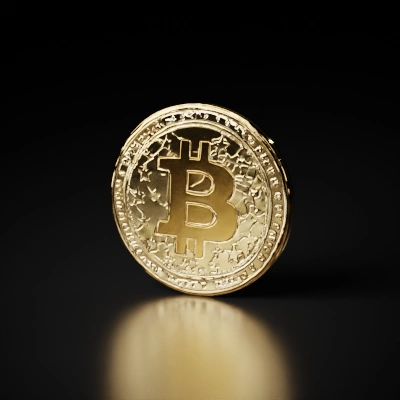 Bitcoin coin, metallic, embossed details.