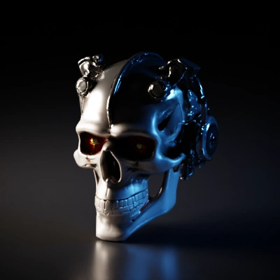 Cyborg skull with glowing red eyes, futuristic design.