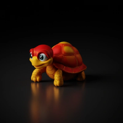 Cartoon turtle with big eyes. Decored with fire symbols on the shell, draw the head green