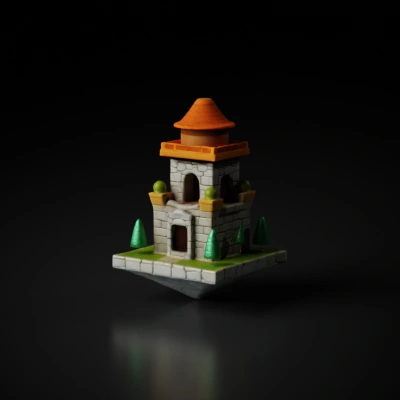 Stone castle tower, medieval style, cartoon aesthetic, tree surroundings.