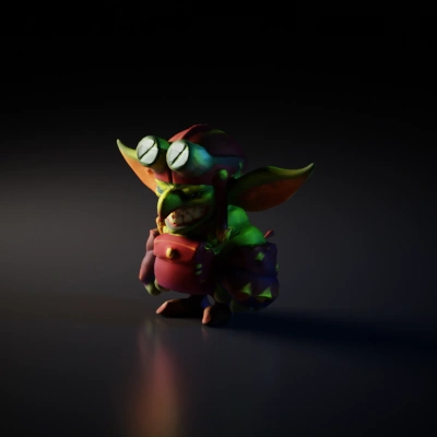Goblin character with a mechanical glove, exaggerated features.
