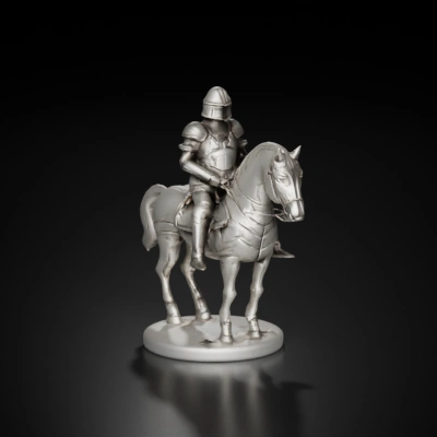Knight on horseback with armor and helmet.