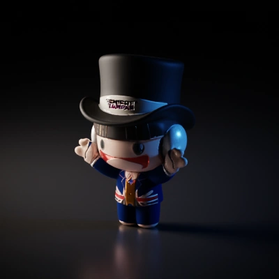 Chibi figure in formal attire with top hat, cheerful expression.