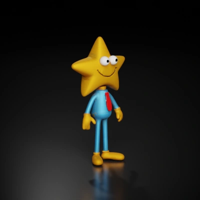 Star-shaped anthropomorphic character, black dress suit, smiling expression