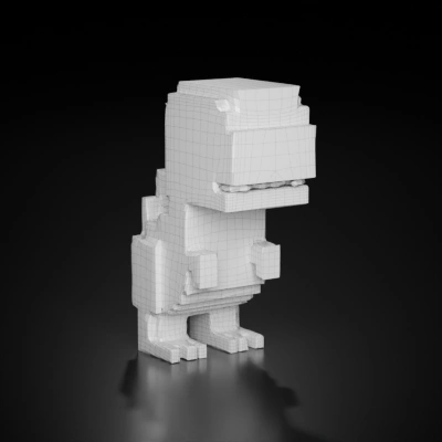 Pixelated dinosaur model, appears inspired by a T-Rex. symmetric geometry,sharp edges,simple geometry,character