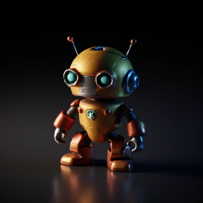 Robot with glowing eyes, antennas, and mechanical limbs.