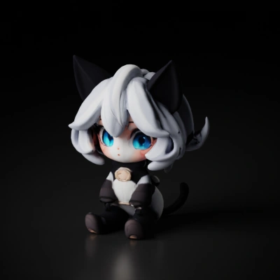 Chibi cat-girl with oversized eyes, sitting pose.