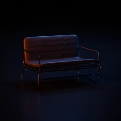 Cushioned bench with metal frame.