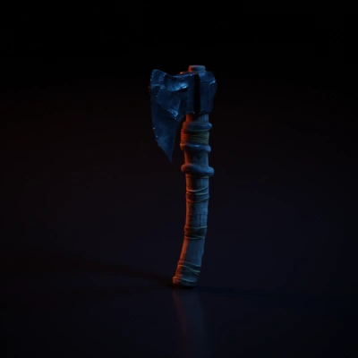 Primitive battle axe with rope-bound wooden handle.