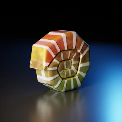 Shell-shaped 3D model, polygonal design, striped pattern.