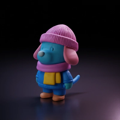 Cartoon dog wearing winter clothes. smooth edges, simple geometry, game-ready, character, symmetric geometry.