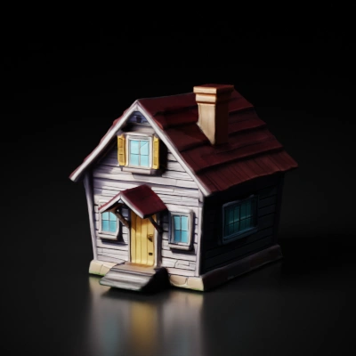 Wooden house, cartoon style minimal textures with a red roof, detailed windows, pastel colors