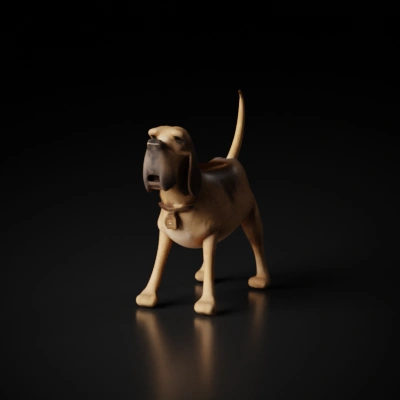 Standing dog with a collar, looking alert.