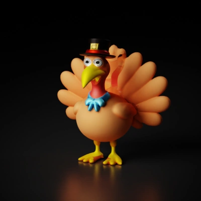 Cartoon turkey with pilgrim hat and blue bowtie.