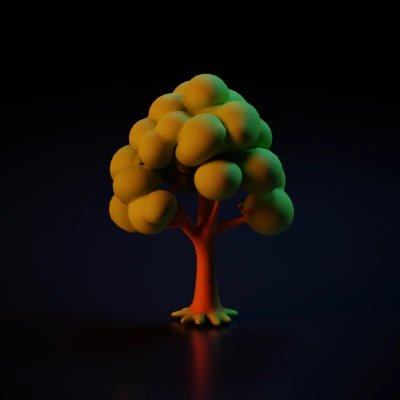 Cartoon-like tree with round foliage, simplified trunk.