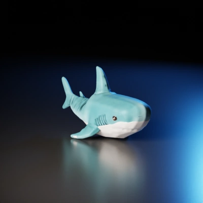 Stuffed toy shark, smiling mouth.