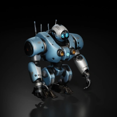Battle robot with glowing eyes, mechanical limbs.