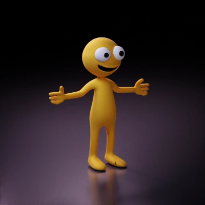 Cartoonish humanoid figure, smiling, arms and legs wide.
