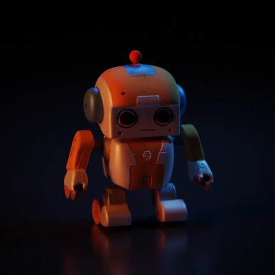 Cute cartoonish robot with round shapes, friendly appearance, round eyes.
