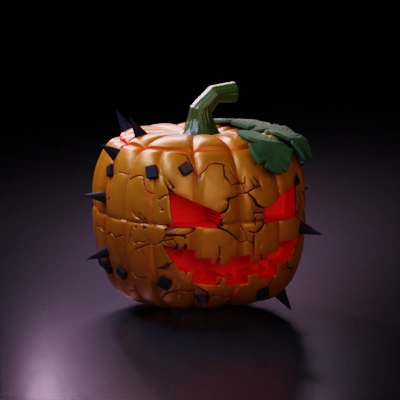 Spooky carved pumpkin with spikes.