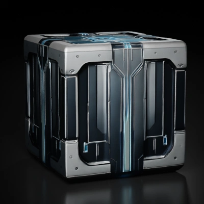 Futuristic tech cube, glowing lines, metallic appearance.
