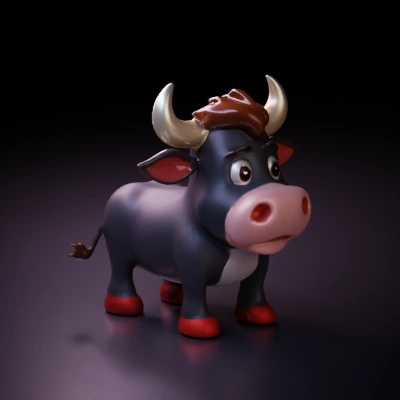 Cartoon bull character with large eyes, horns.