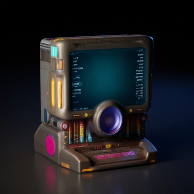 Futuristic computer terminal with holographic display, sci-fi design.