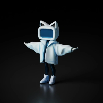Humanoid character with cat ears and futuristic screen for face.